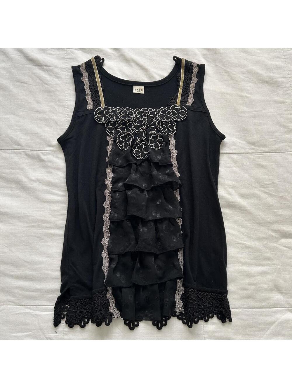 Axes Femme Black Sleeveless Top Cascading Ruffle Floral Lace Medium